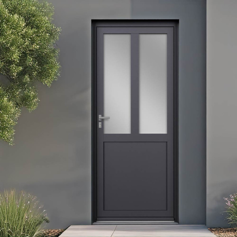 Porte d'entrée Alu vitrée soubassement et meneau